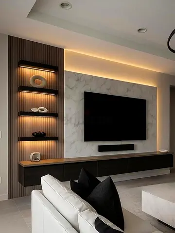 Modern wall-mounted TV entertainment unit with LED backlighting