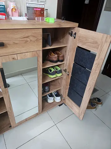 Wooden Shoe Storage Cabinet with Mirror - Light Oak, 6 Compartments
