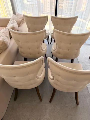 Set of 6 Huzaifa Cream Upholstered Dining Chairs with Wooden Legs