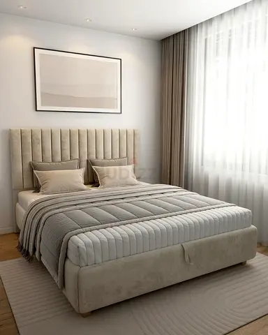 Beige Upholstered hydraulic storage bed with spring mattres