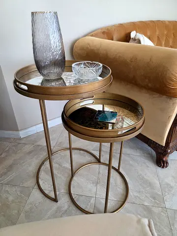 Set of 2 Round Metal Accent Side Tables with Glass Tops