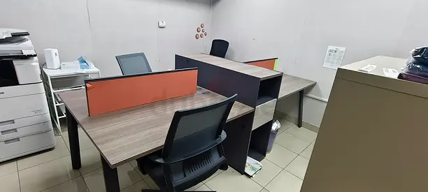 Used 4-Seat Office Workstation Cluster with Chairs and Storage - Good Condition