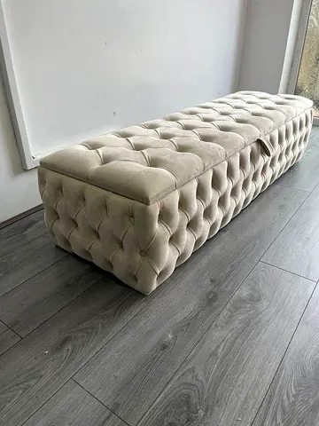 Long Tufted Beige Velvet Bench / Ottoman - Large