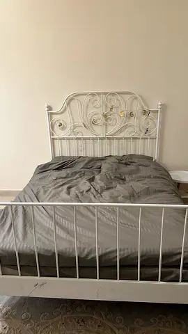 White Metal Double Bed Frame with  Decorative Headboard ikea HASFLO mattress