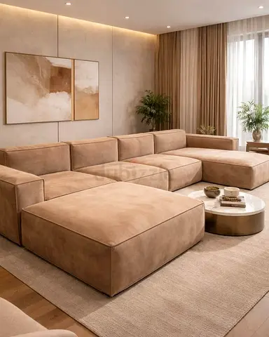 Large L-shaped Modular Beige Suede Sofa with Ottoman