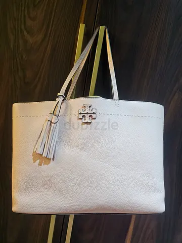 White leather Tory Burch-style tote bag with tassel - good condition