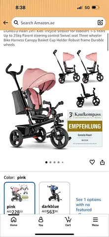 LIONELO 3-in-1 Tricycle Stroller for Toddlers - Pink (Adjustable, Swivel, Canopy)