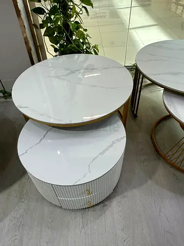 Modern white marble-effect nesting side tables with gold trim (set of 2)