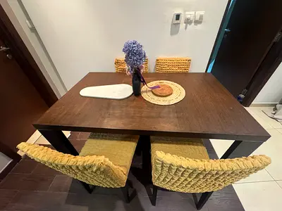 Solid Wood 4-Seater Dining Table with Upholstered Chairs