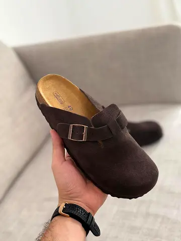 Dark brown suede slip-on clogs with buckle, size 40 (mens/unisex)-Birkenstock