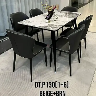 Brand New Modern 6-Seater Marble-Top Dining Table with Upholstered Chairs (Set of 7)
