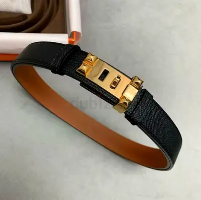 Black Leather Belt with Gold Hardware (Slim) - brand New