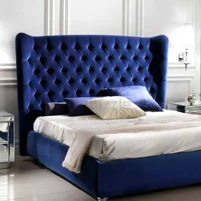 Blue Velvet Tufted King Bed with Winged Headboard