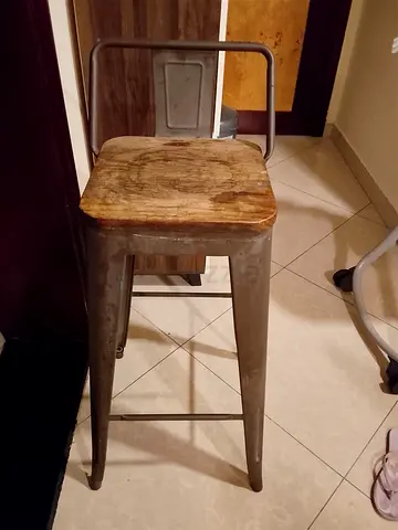 Industrial Metal Bar Stool with Wooden Seat - Used