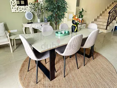 Modern 6-Seater Dining Table with Upholstered Chairs - Light Beige