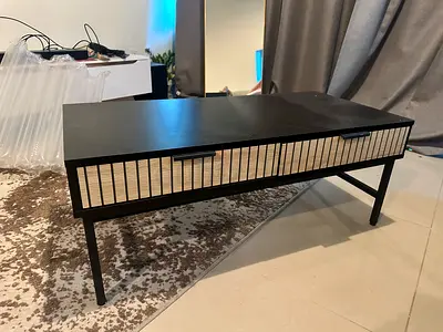Black Wooden Coffee Table with Rattan Drawer Fronts