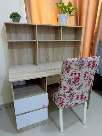 Wooden Study Desk with Shelves and Floral Chair - Good Condition