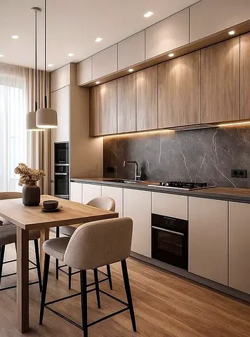 Modern minimalist kitchen set with dining table and stools