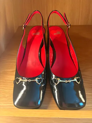 Love Moschino Black Patent Leather Slingback Heels with Red Insole, Size 39
