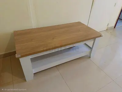 Wooden Coffee Table with Lower Shelf - Light Oak Top, White Base