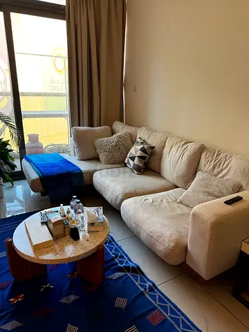 Light beige L-shaped fabric sofa, comfortable 3-seater corner