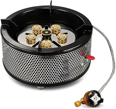 Portable Camping Gas Stove 5 Burner Outdoor Automatic Ignition System Enamel Pan Support