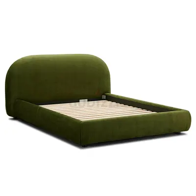 Olive Green Upholstered Double Bed Frame with Curved Headboard