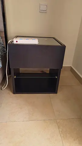 2 Simple dark wood bedside table / nightstand with glass shelf