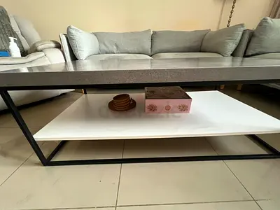 Modern rectangular coffee table with lower shelf (black frame, white shelf) + side table