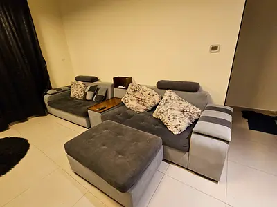 Gray L-shaped Fabric Sofa Set with Ottoman 6 seater sofa