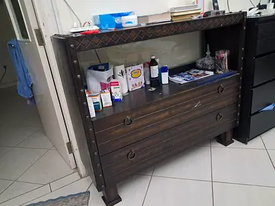 Solid dark wooden chest / sideboard with storage drawers