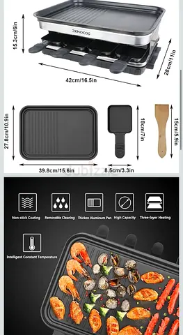 Electric Raclette Grill with Removable Non-stick Grill Plate and 8 Pans