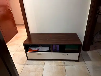 Low Wooden TV Unit / Storage Cabinet - Dark Wood with White Drawers