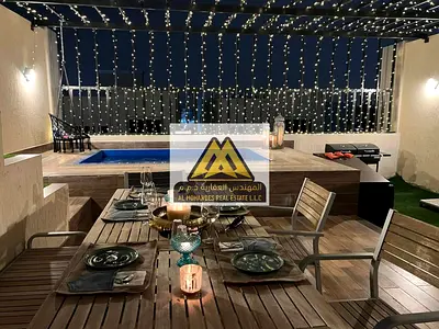 For annual rent | Fully furnished villa in Al Zahia | 5 master bedrooms | With private pool | And terrace