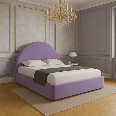 Lilac upholstered double bed with curved headboard - excellent condition