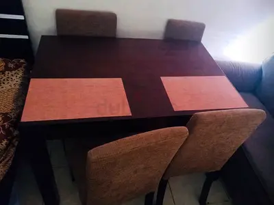 Wooden 4-Seater Dining Table with Upholstered Chairs