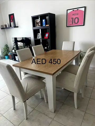 Wooden Dining Table with 4 Upholstered Chairs - Good Condition (AED 200 new price)