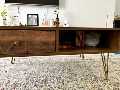 Wooden coffee Table Console Shelf with Drawers and Gold Metal Legs