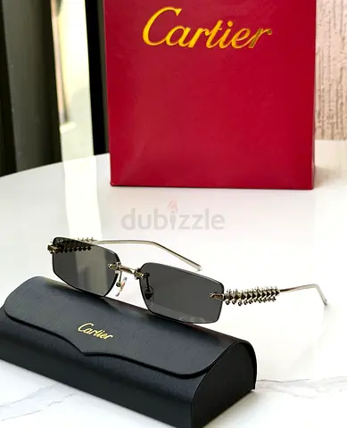 Cartier rimless rectangular sunglasses with grey lenses and decorative temples