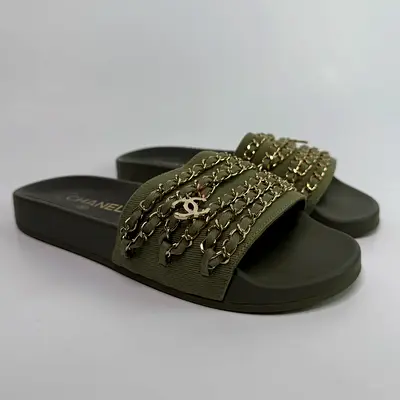 AUTHENTIC CHANEL CHAIN EMBELLISHED CANVAS CC FLAT SLIDES (SIZE 38/UK 5)