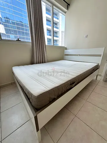 White Wooden Double Bed Frame with Mattress (Good Condition)