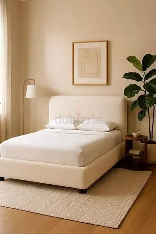 Beige Upholstered Double Bed Frame with Headboard - Minimalist Design