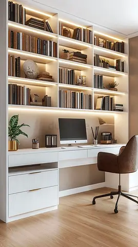 Built-in Wall Bookshelf with Integrated Desk and LED Lighting