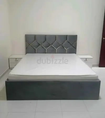 Grey Upholstered Double Bed with Headboard and 2 Nightstands