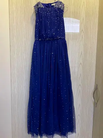 Navy Blue Beaded Floor-Length Evening Gown, Size Unknown