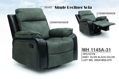 Single Velvet Recliner Sofa - Olive Grey with Black Sides
