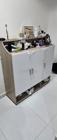 Compact 3-Door Shoe Cabinet with Top Shelf and laundry storage - Light Wood  White