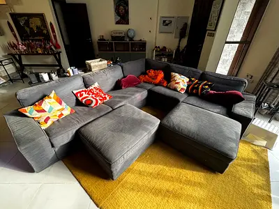 Large L-shaped Grey Fabric Sofa with 2 Ottoman — Fair Condition
