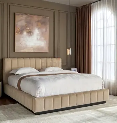 Modern upholstered king-size bed frame with padded headboard - beige