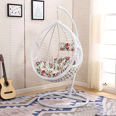 White Hanging Egg Chair with Floral Cushion and Stand